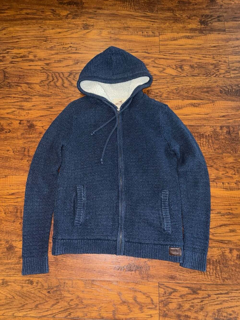 Hollister California Men's Sherpa Lined Full Zip Knit Hoodie Sweater Navy Blue S